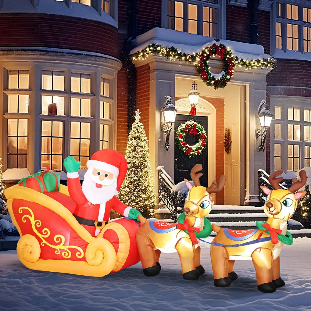 Pai Natal Insuflável com Trenó e Renas Insufláveis de Natal com Luzes LED para Exterior e Interior 240x75x100 cm Multicor