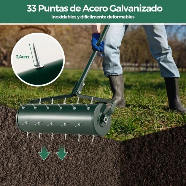 Rolo de relva Aerador de relva com cabo amovível 130 cm Dentes para jardim pátio Fácil de montar Verde
