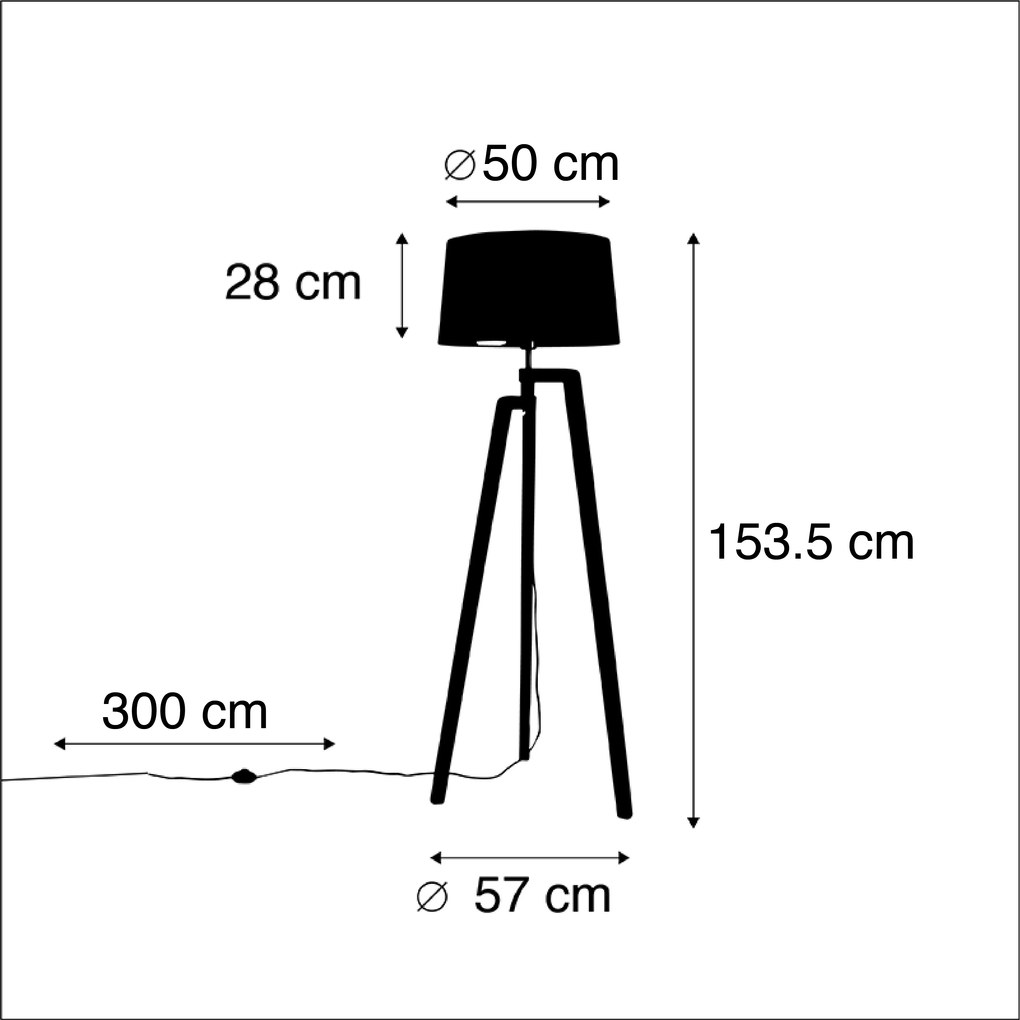 Candeeiro de pé tripé com abajur de algodão preto com dourado 50 cm - Puros Country / Rústico
