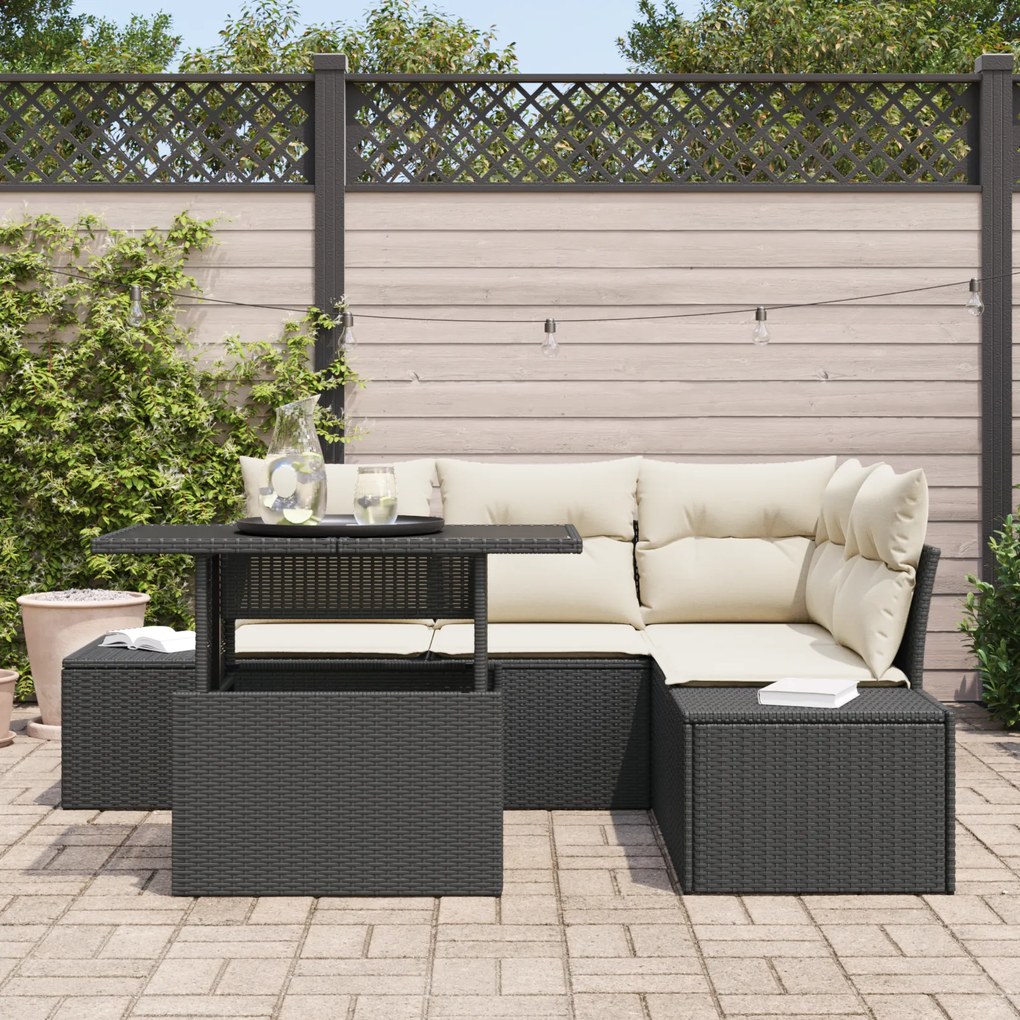 Set de Sofá de Jardim com 5 Peças e Almofadas Preto Rattan Poly