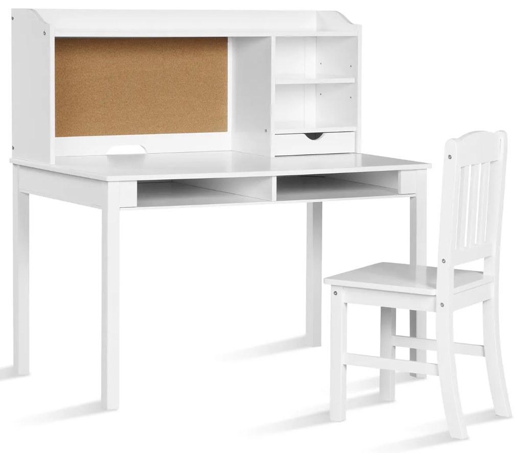 Conjunto de secretária e cadeira para crianças com Gavetas e Estantes Branco