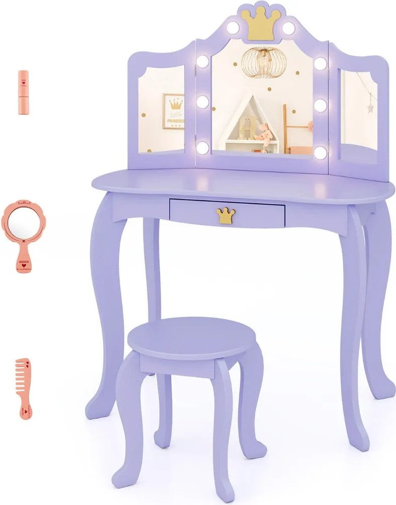 Conjunto de Toucador infantil com espelho iluminado dobrável, brilho ajustável, e cadeira de princesa, gaveta removível Púrpura