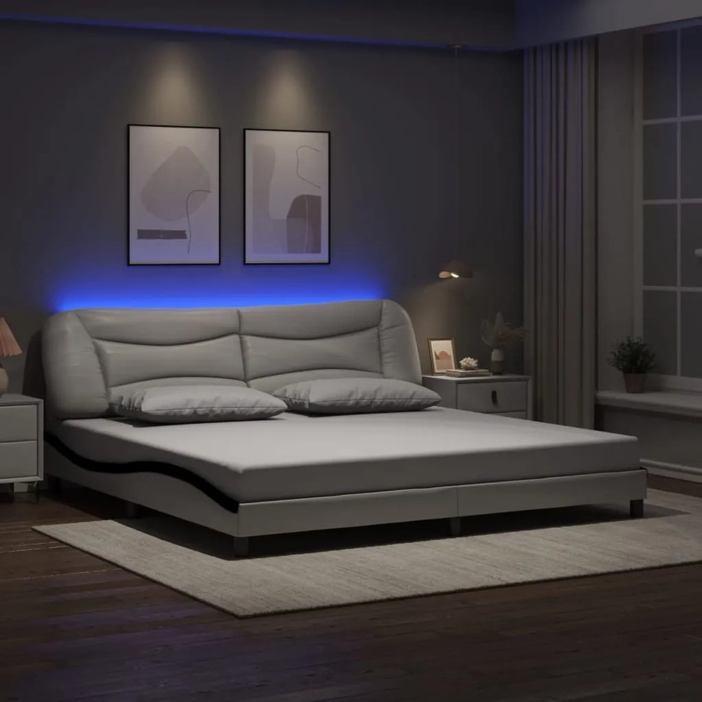 vidaXL Estrutura cama c/ luzes LED 200x200cm couro artif. branco/preto