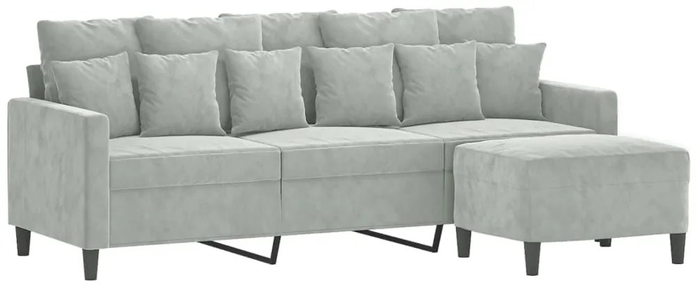 Sofá de 3 lugares com apoio de pés 180 cm veludo cinzento-claro