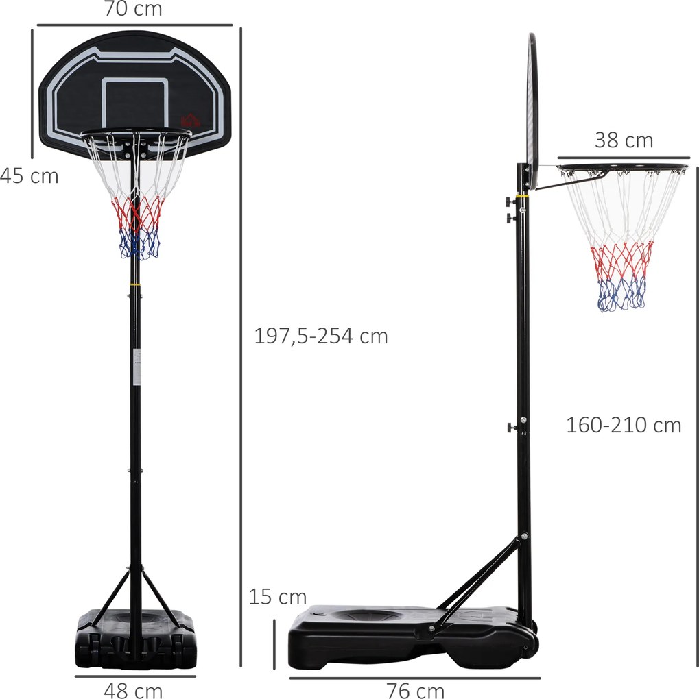 Cesto de Basquetebol para Exterior Altura Ajustável 160-210 cm com Rodas e Base Preenchível 76x48x254 cm Preto