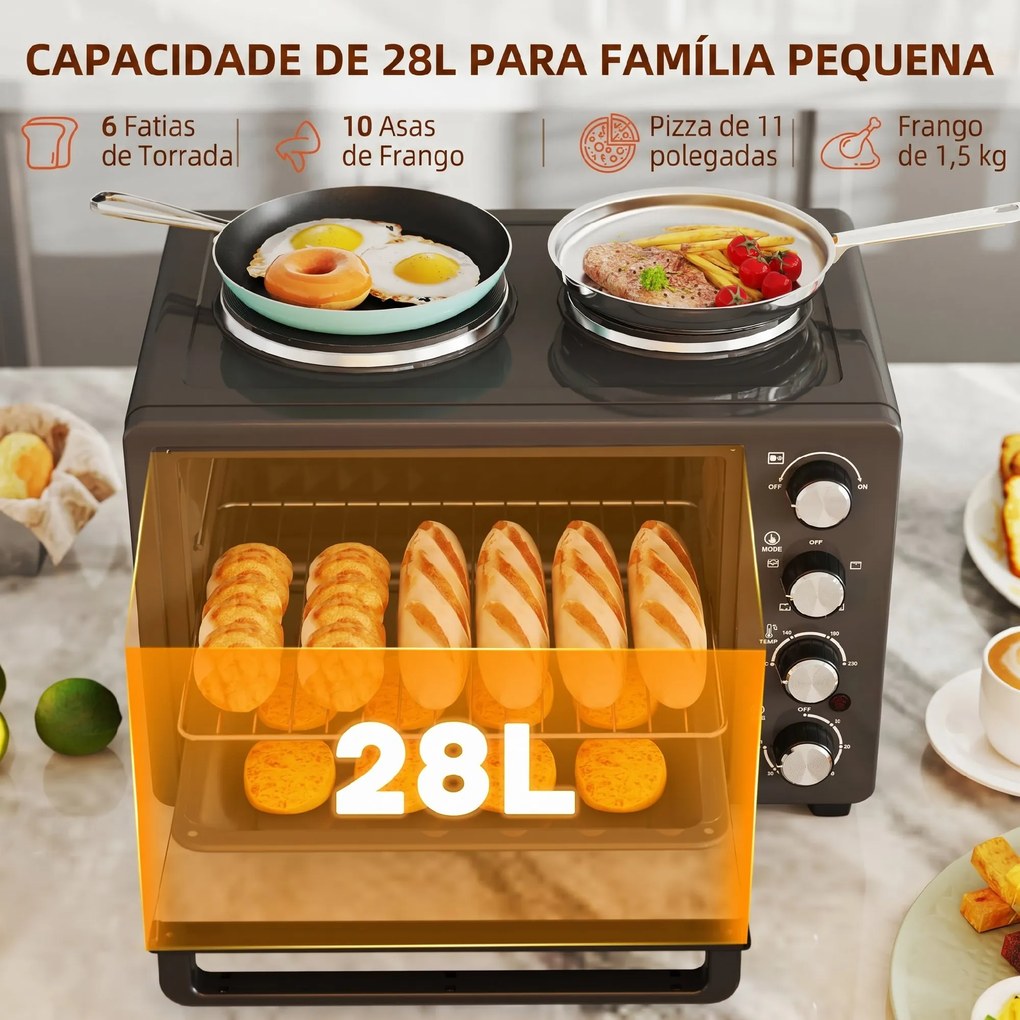 Forno Elétrico de Bancada 28L 2600W com Placas de Cozedura, Temperatura Ajustável, Temporizador e Tabuleiro, Preto