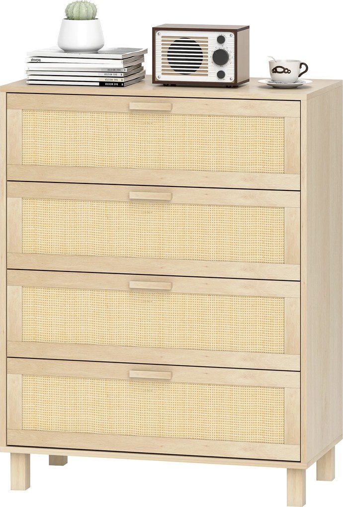 Cómoda com 4 gavetas em vime, 80 x 40 x 103 cm, MDF com acabamento em castanho claro