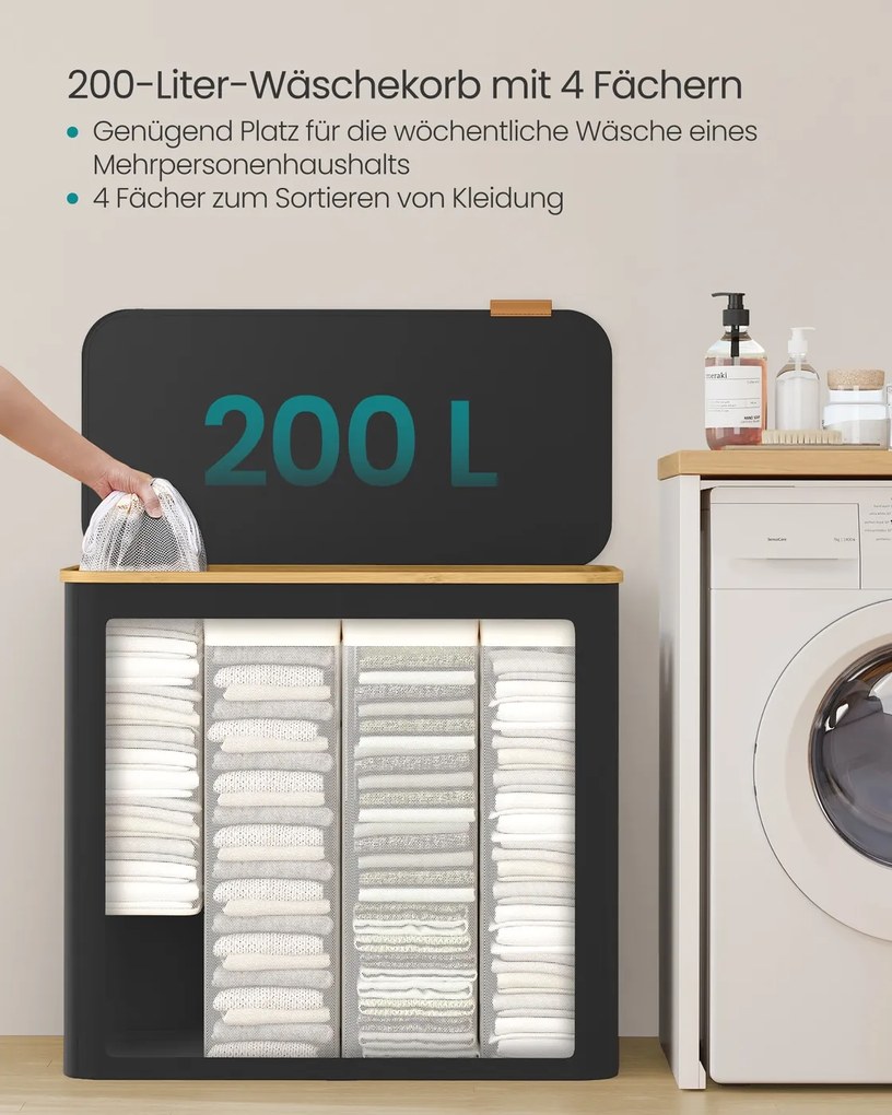 Cesto da roupa suja 200L com tampa 78 x 38,5 x 70,5 cm Preto