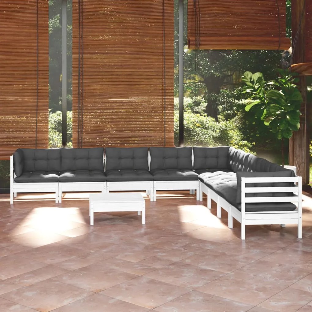 10 pcs conj. lounge de jardim c/ almofadões pinho maciço branco