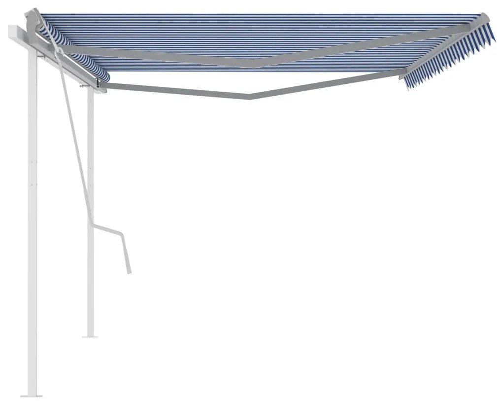 Toldo retrátil manual com postes 5x3 m azul e branco