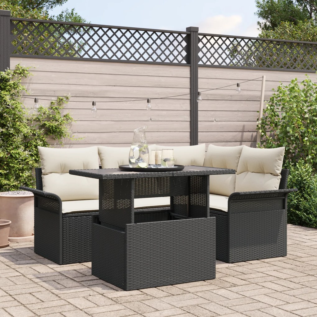 vidaXL Conjunto de Sofá de 5 Peças com Almofadas Rattan Poliéster Preto