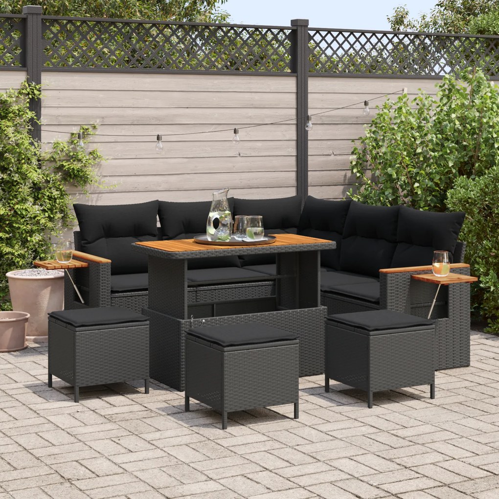 Conjunto de Sofá de Jardim 9 Peças com Almofadas Preto Rattan Poliéster Acácia
