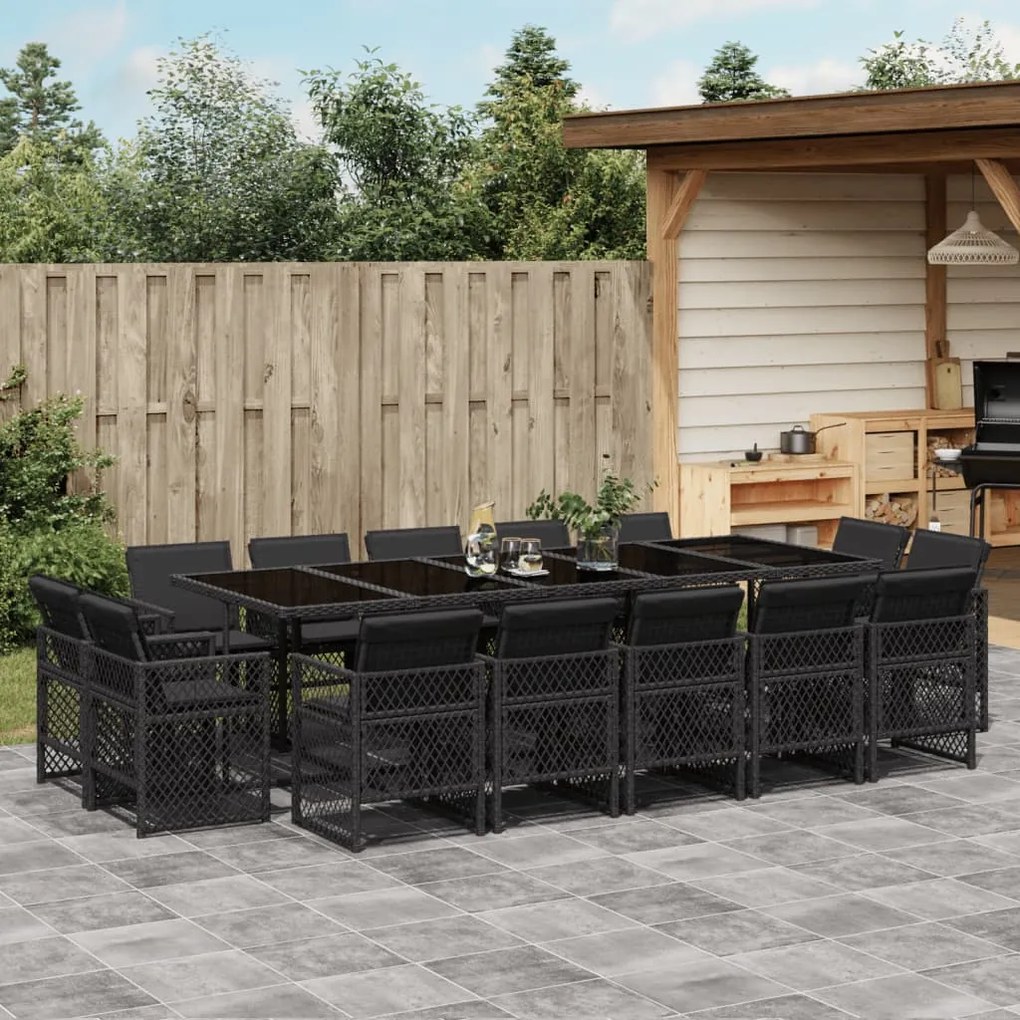 vidaXL 15 pcs conjunto de jantar p/jardim com almofadões vime PE preto