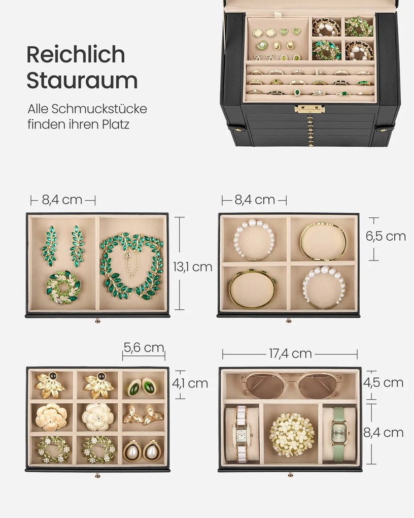 Caixa para joias com 5 níveis 15 x 26,2 x 28 cm Preto