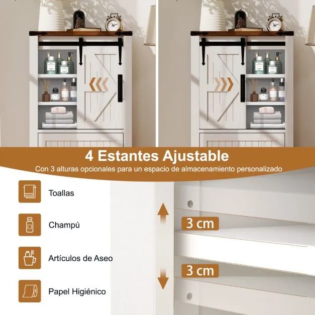 Armário multifuncional cozinha, sala, casa de banho 59 x 29 x 105 cm em estilo rústico com porta deslizante tipo celeiro, prateleiras ajustáveis e 2 g
