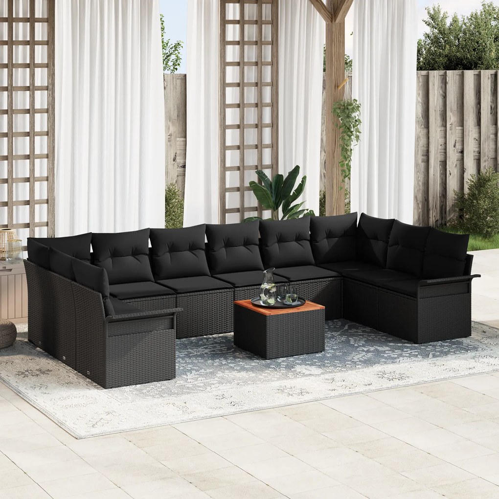 Conjunto de Sofá de Jardim vidaXL de 11 Peças com Almofadas Preto Ratt