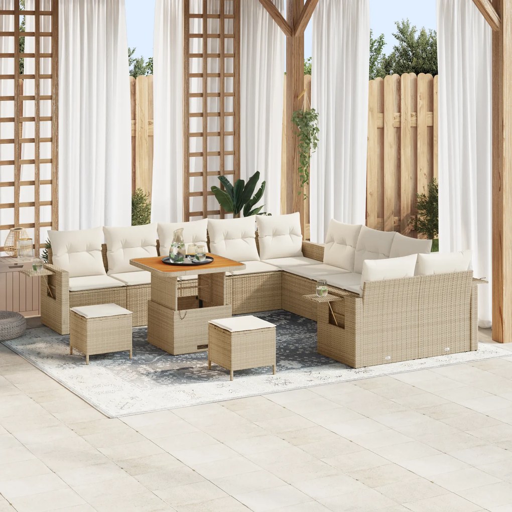 Conjunto de Sofá de Jardim de 13 Peças com Almofadas Bege Rattan Acácia