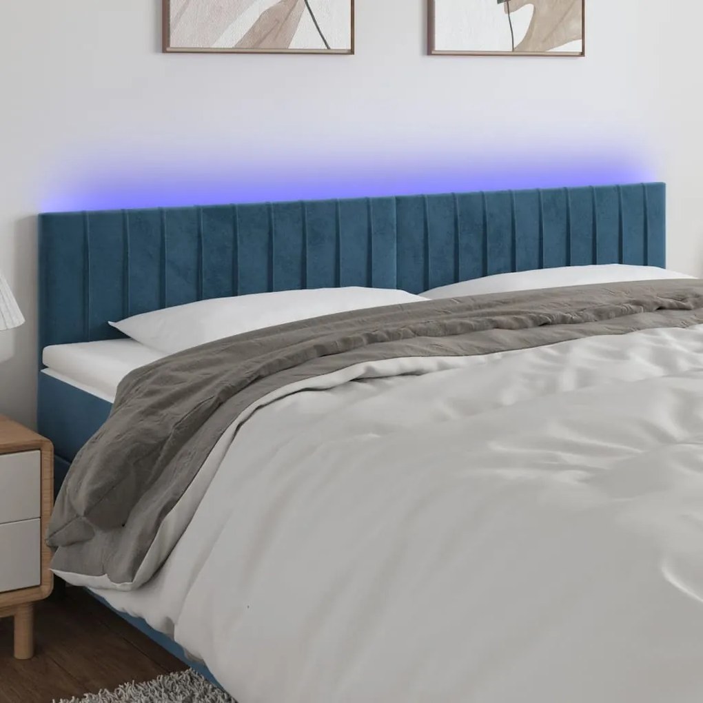 Cabeceira de cama c/ luzes LED veludo 200x5x78/88cm azul-escuro