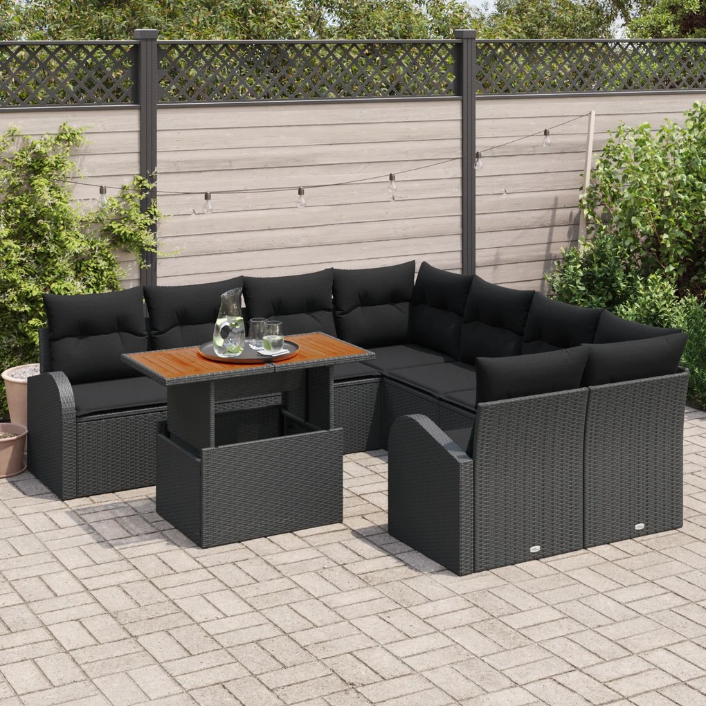 Conjunto de Sofás de Jardim de 9 Peças com Almofadas Rattan Preto, Sof
