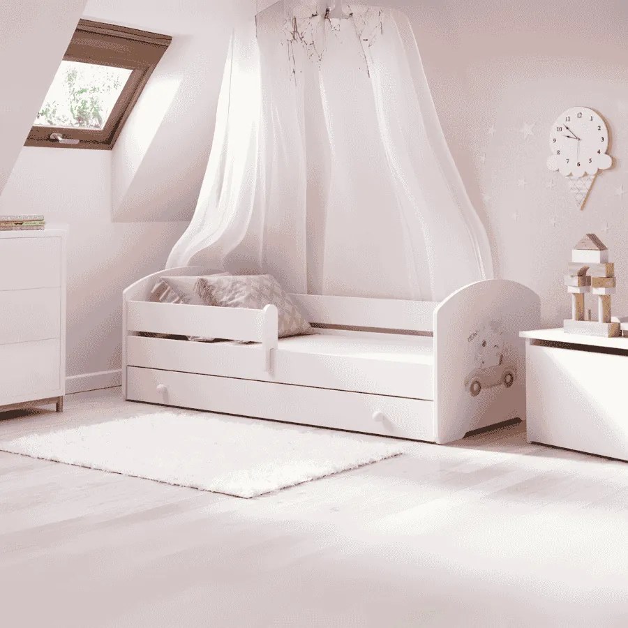 Cama infantil branca Luk gato 160x80 com gaveta - colchão e estrado incluído