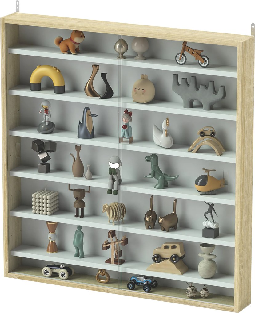 Vitrine para coleção, vitrine de parede, 80 x 9,5 x 83 cm, 6 prateleiras com altura ajustável, 2 portas de correr em vidro branco, e cor carvalho