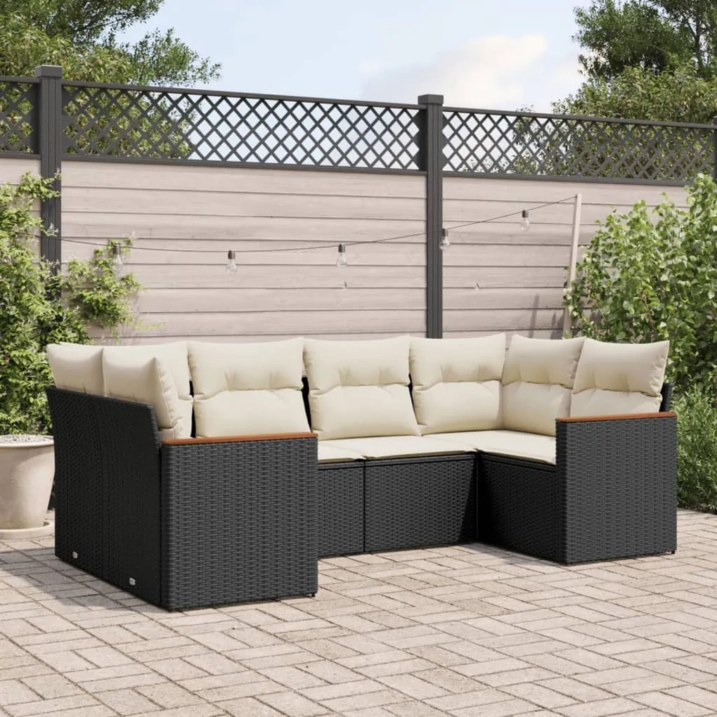 6 pcs conjunto sofás de jardim c/ almofadões vime PE preto