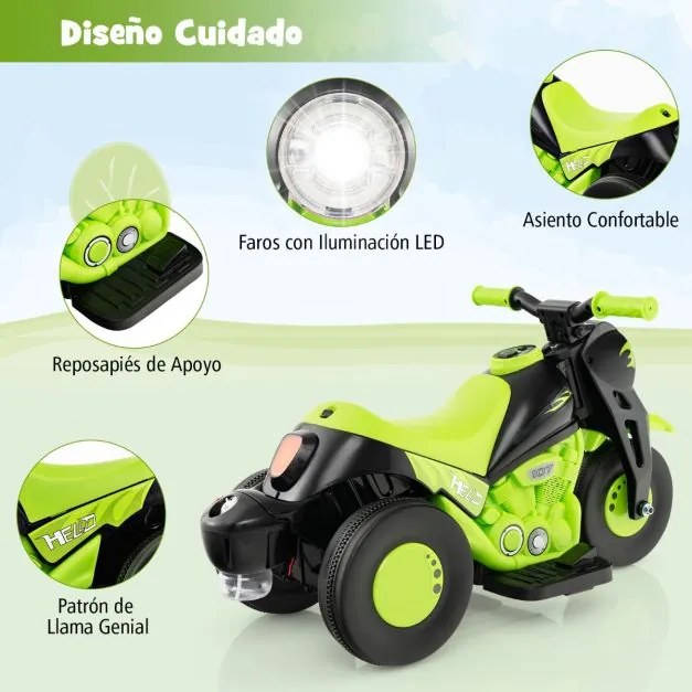 Mota eléctrica para crianças 6V com farol LED Com maquina Fazer bolhas, interrutor para a frente e para trás e carga 30 kg Verde