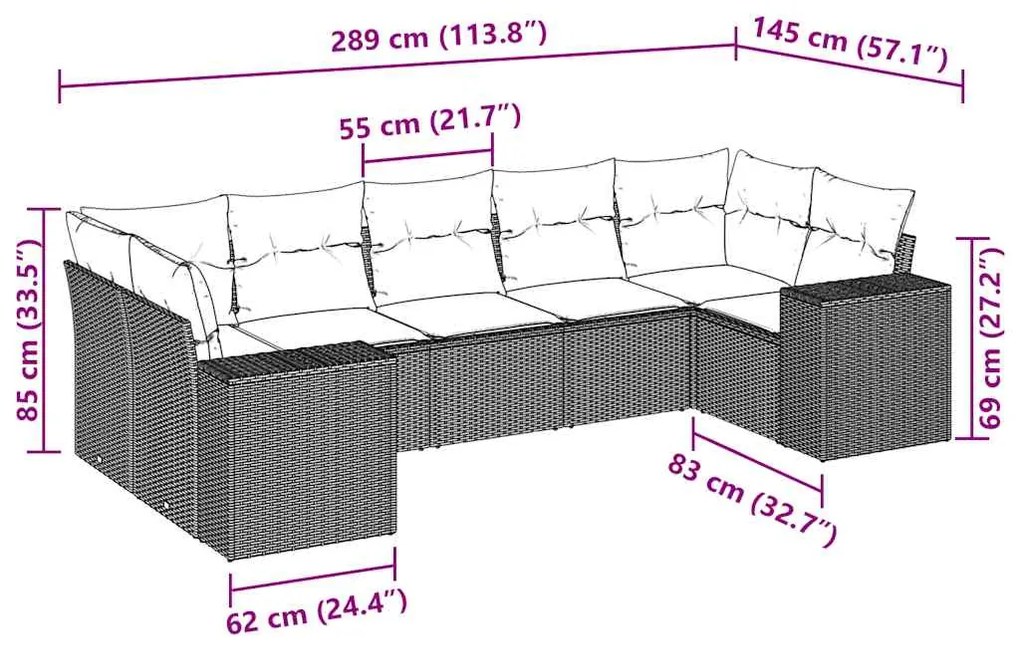 7 pcs conj. sofás jardim com almofadões vime PE cinzento-claro