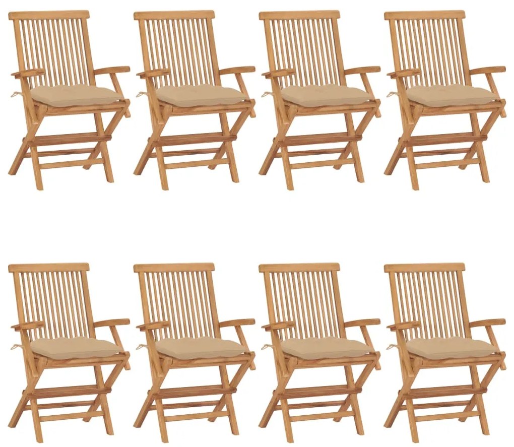 Cadeiras de jardim c/ almofadões beges 8 pcs teca maciça