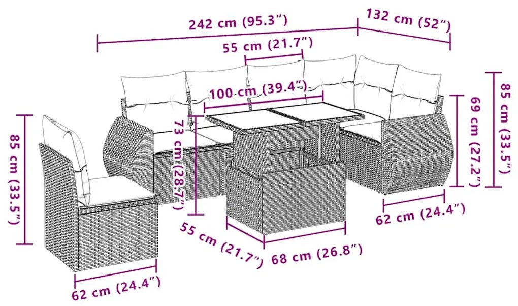 7 pcs conj. sofás jardim com almofadões vime PE cinzento-claro