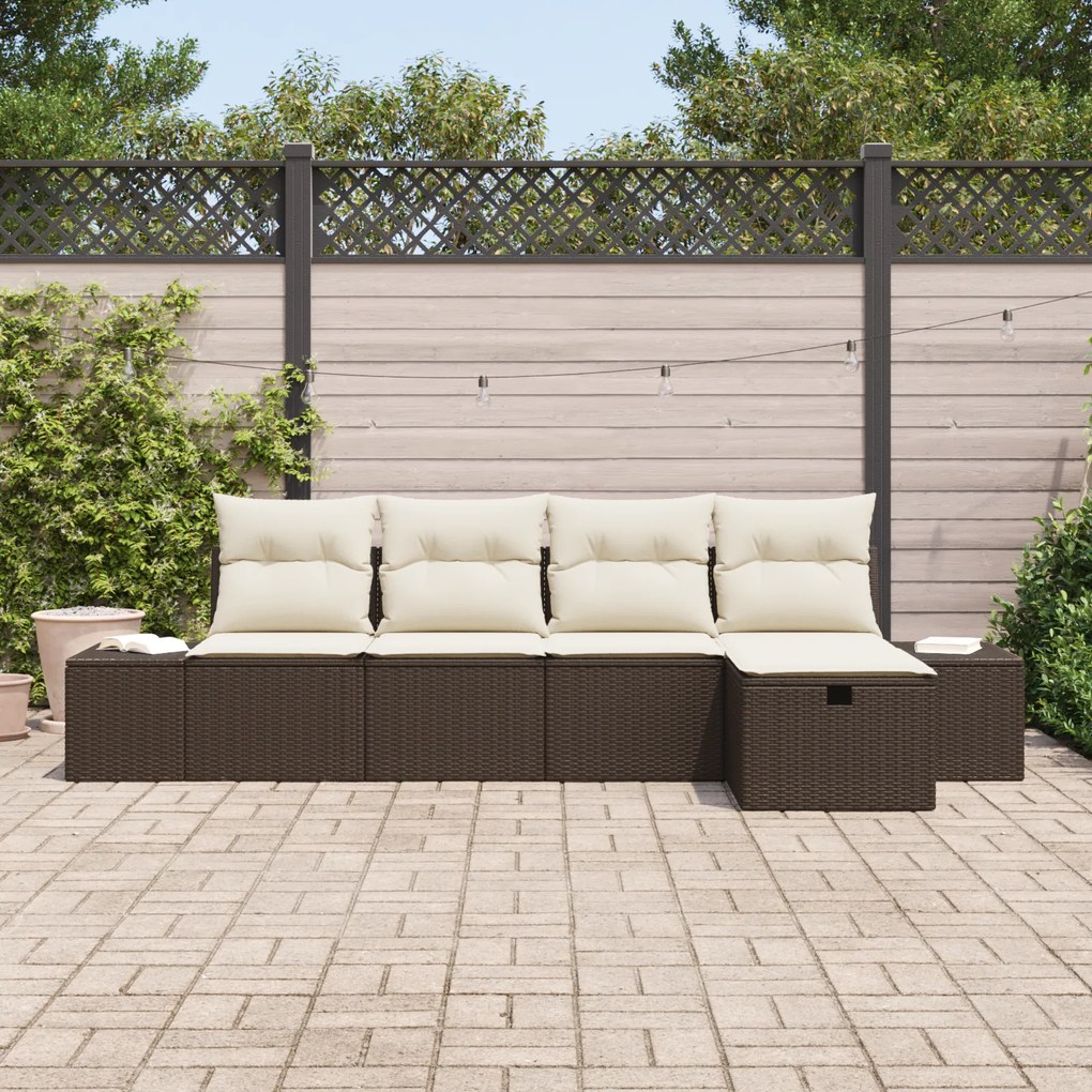 Conjunto de Sofá de Jardim com Almofadas Marrom Rattan Poliéster