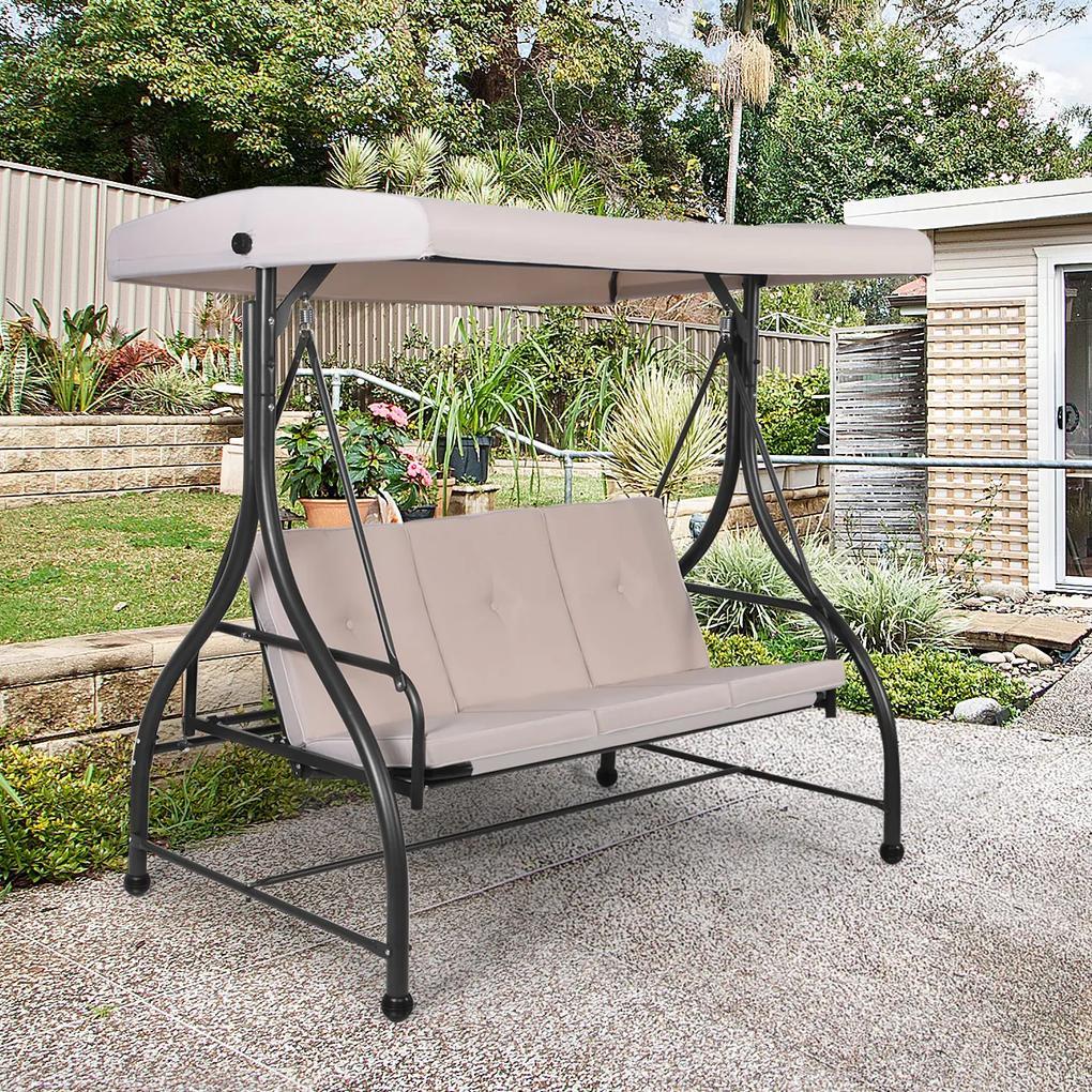 Baloiço de jardim Rede Baloiço de jardim convertível para 3 pessoas 3 assentos almofadados Encosto ajustável Estrutura metálica Carga 240 kg 185 x 112