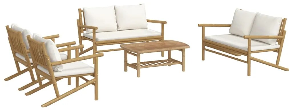 5 pcs conjunto lounge de jardim bambu c/ almofadões branco nata