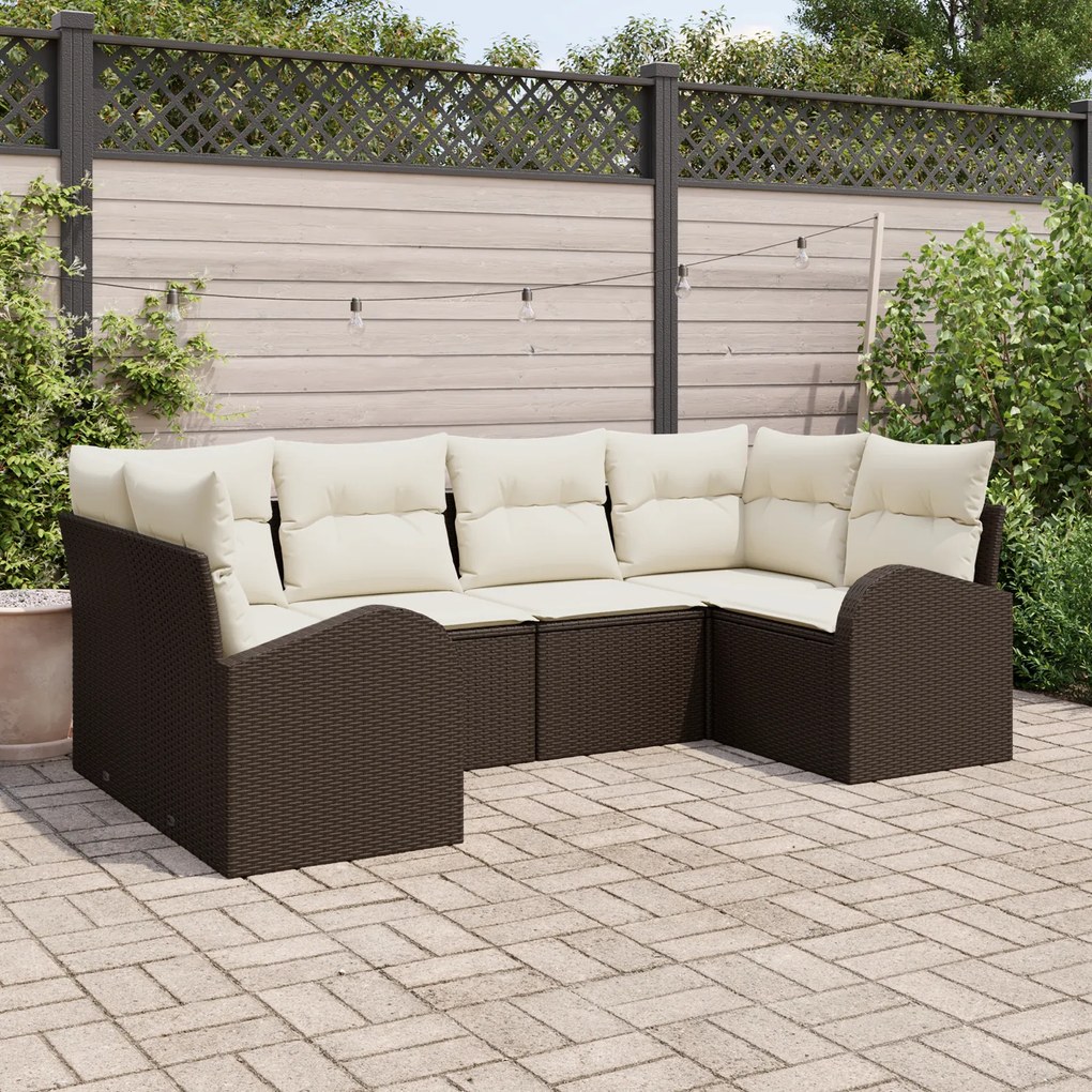 Conjunto de Sofás de Jardim 6 Peças com Almofadas Vime Castanho Poliés