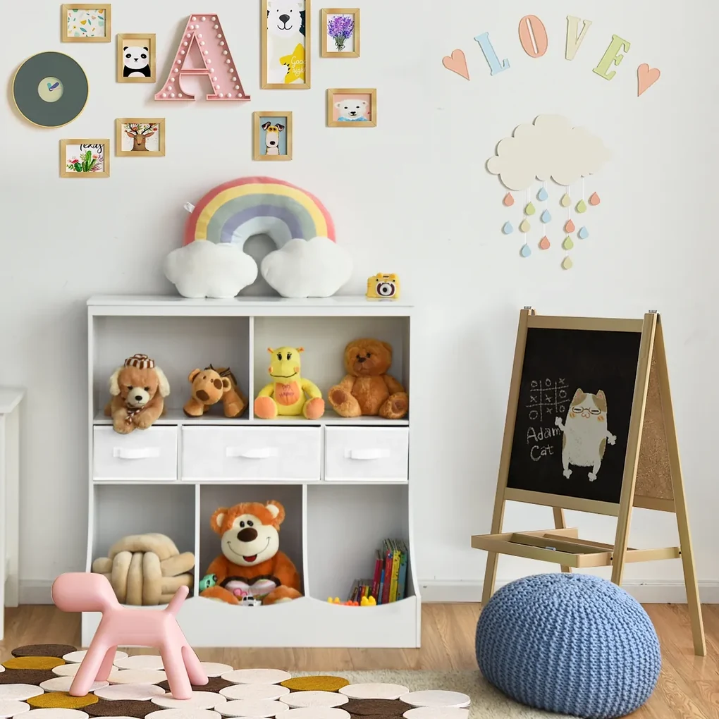 Prateleira com compartimentos e gavetas para arrumação de brinquedos e  livros infantis 93 x 40 x 94 cm Branco