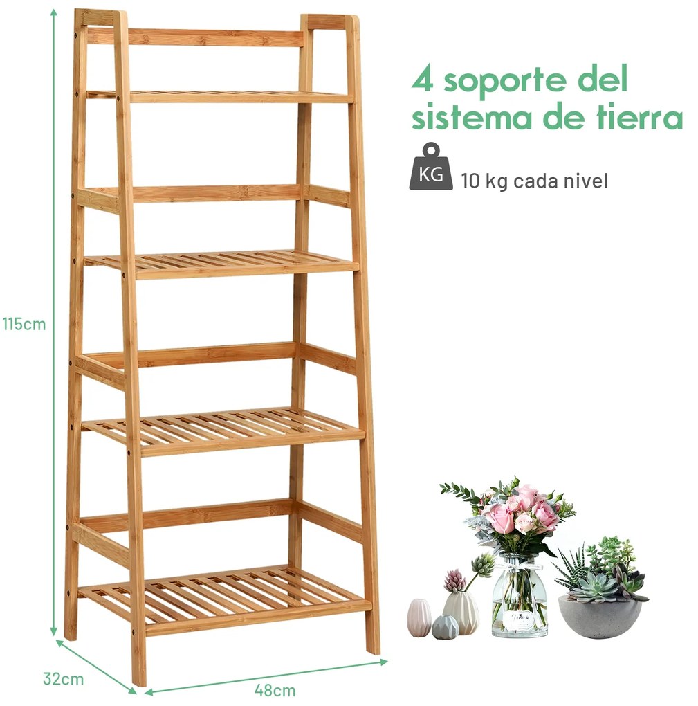 Estante forma de Escada Multiusos de Bambu com 4 Níveis Decoração de Sala Cozinha Casa de Banho 48 x 32 x 115 cm Natural