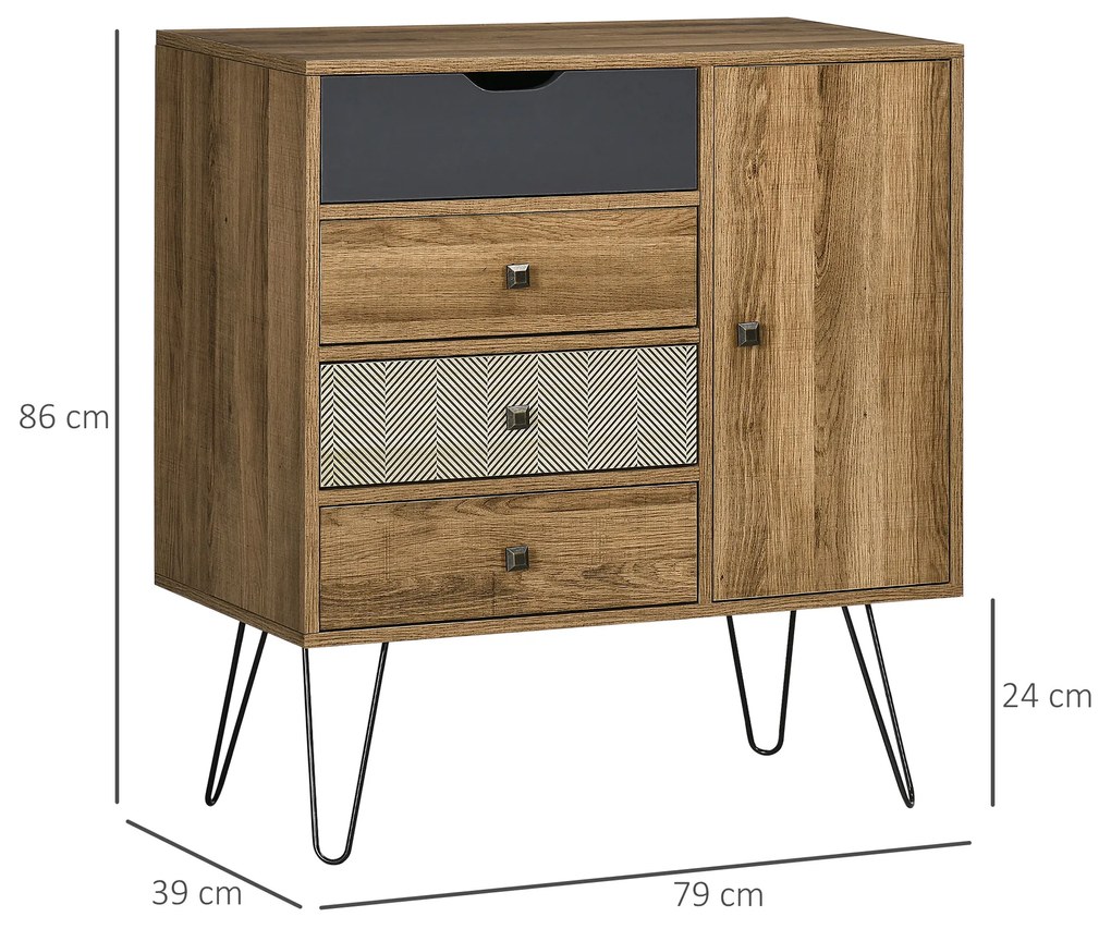 HOMCOM Cómoda com 4 Gavetas Gaveteiro de Madeira com Porta Prateleira Ajustável e Pés de Metal para Sala de Estar Dormitório Cozinha 79x39x86cm Marrom