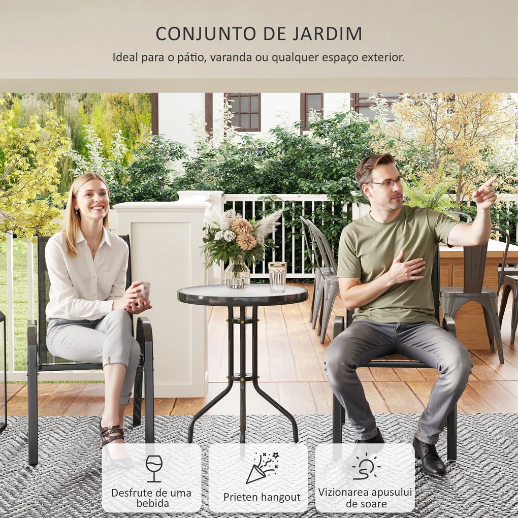 Conjunto de Mesa e Cadeiras de Jardim de 3 Peças Móveis de Jardim com Cadeiras Empilháveis e Bancada de Vidro Preto