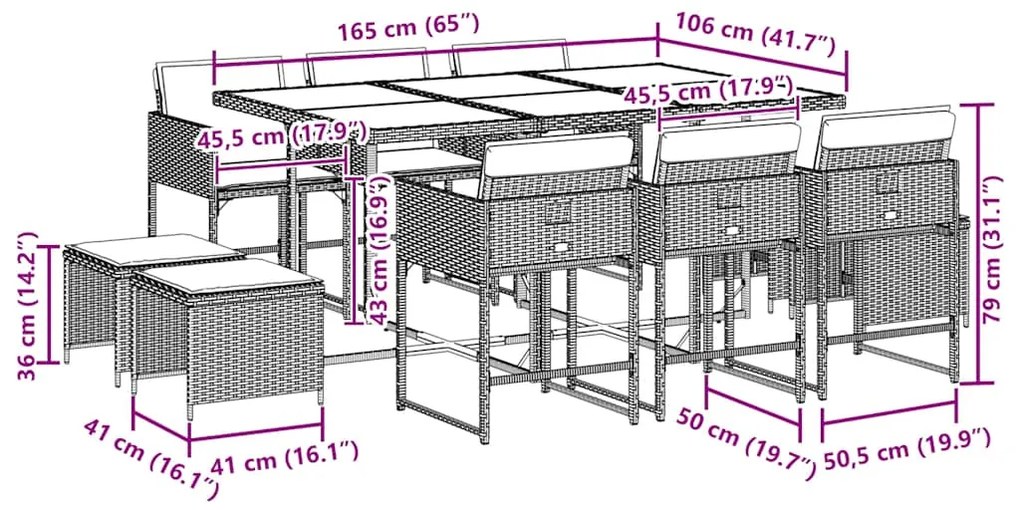 11 pcs conjunto jantar p/ jardim c/ almofadões vime PE cinzento