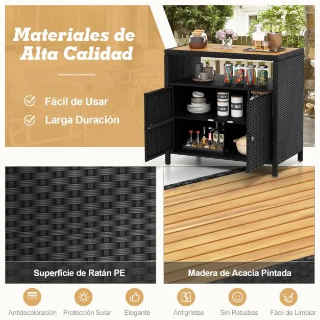 Armário Jardim buffet de rattan para exterior com tampo em madeira de acácia Terraço Pátio Preto