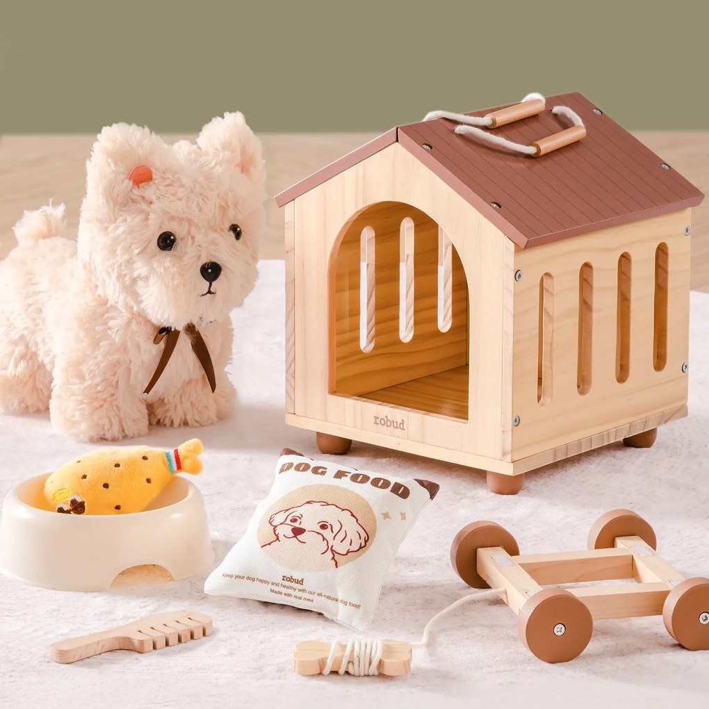 Brinquedo para crianças pequenas cachorrinho de puxar com casota e acessórios