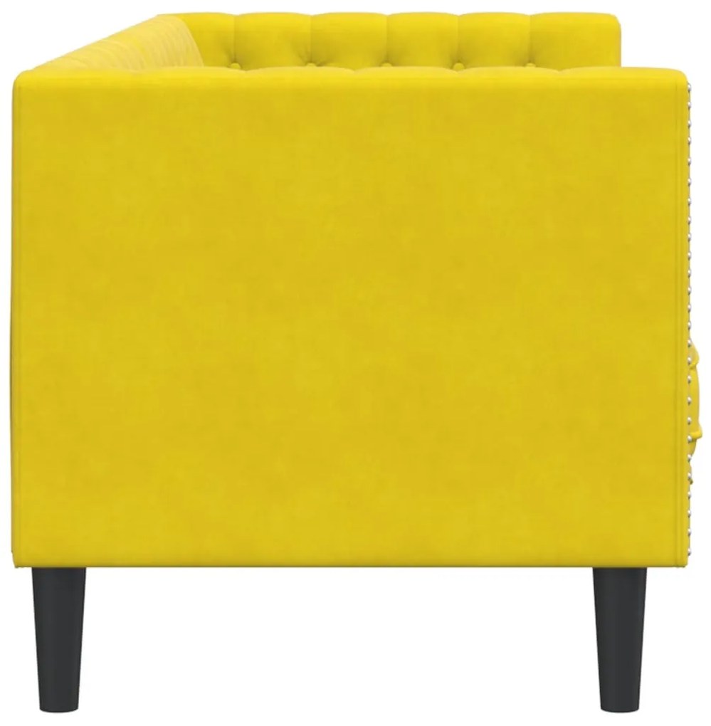 Sofá chesterfield com rolos 3 lugares veludo amarelo