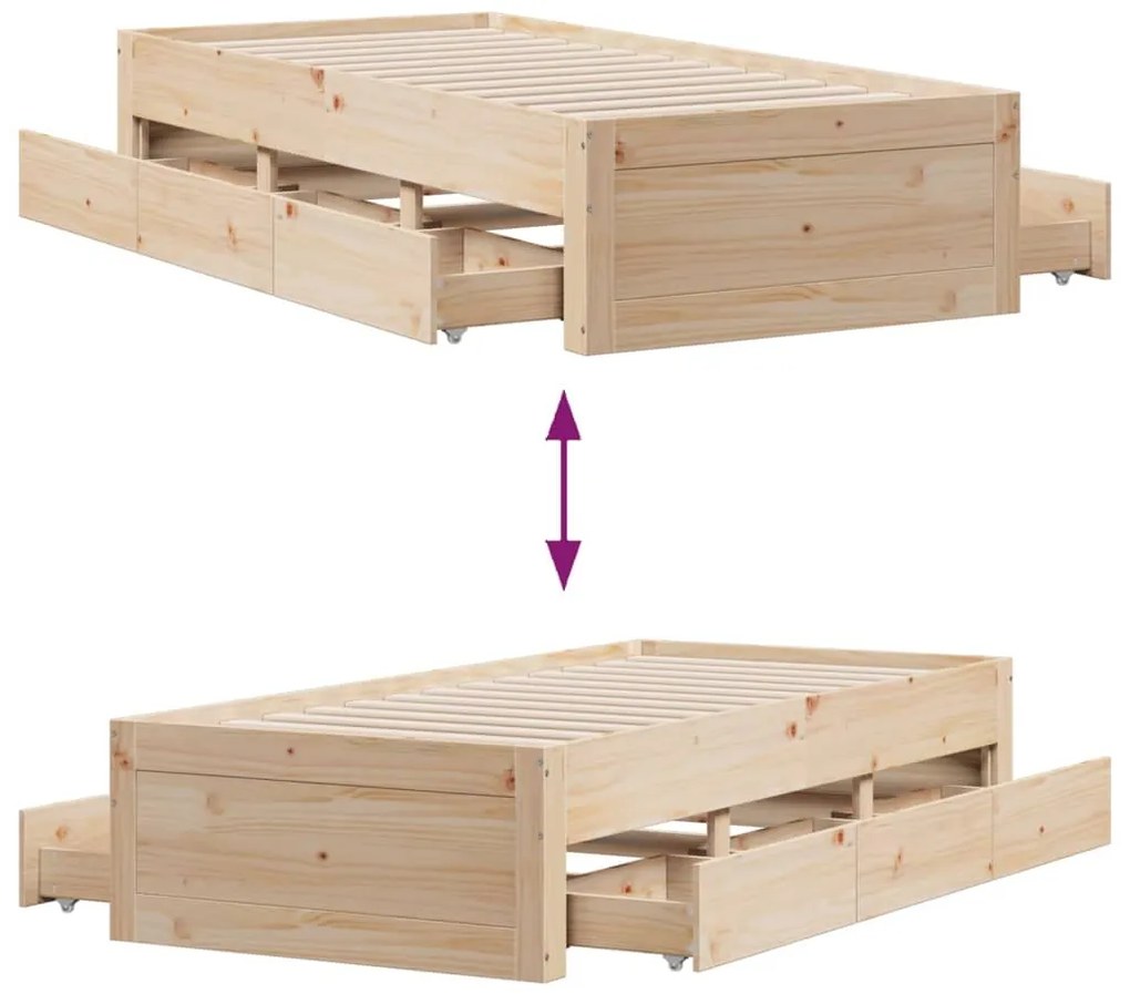 Cama sem colchão com gavetas 90x190 cm madeira de pinho maciça