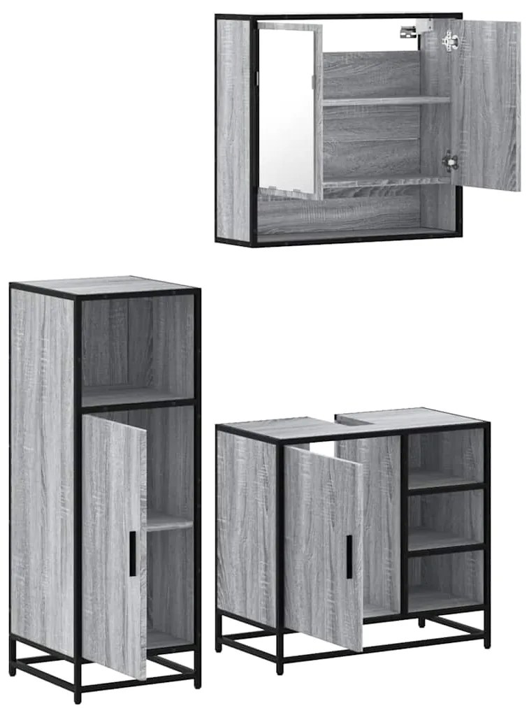 3 pcs Conjunto móveis casa de banho madeira proc. cinza sonoma