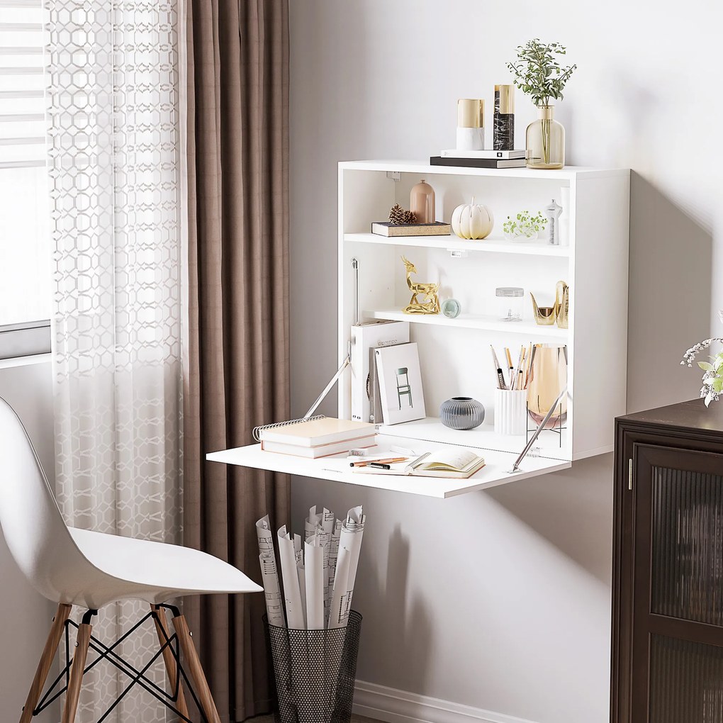 Secretária de Parede Moderna Dobrável Multifuncional com Prateleiras de Armazenamento Carga 40 kg 64x20x60 cm Branco