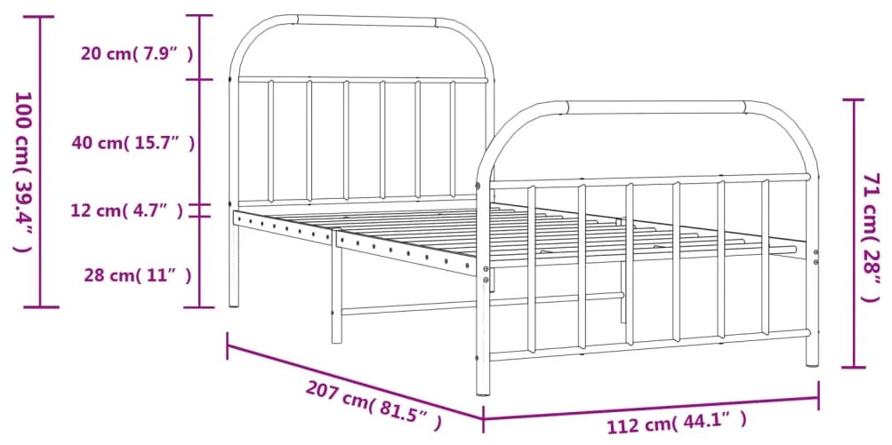 Estrutura de cama com cabeceira e pés 107x203 cm metal preto