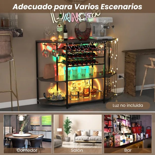 Garrafeira Armário para vinhos Estante de 3 níveis para vinhos com suportes para copos Tomadas eléctricas Estante para vinhos de bar 120 x 40 x 92 cm
