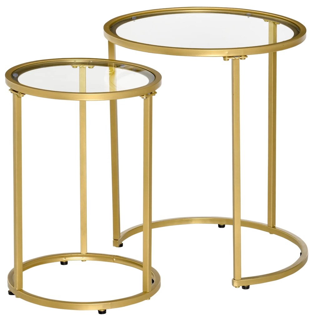 Conjunto de 2 Mesas Auxiliares Mesas Auxiliares com Estrutura de Metal e Bancada de Vidro para Sala de Estar Dormitório Ø50x58 cm e Ø37x51 cm Dourado