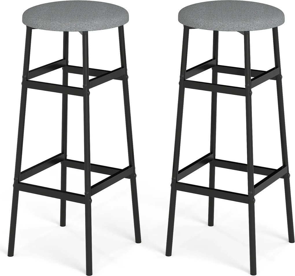 Conjunto de 2 Bancos de Bar Redondos, 33,5 x 73 cm, Assento Estofado, Cinzento