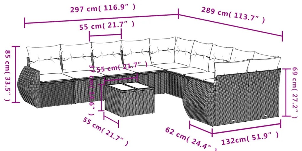 11 pcs conjunto sofás de jardim c/ almofadões vime PE preto